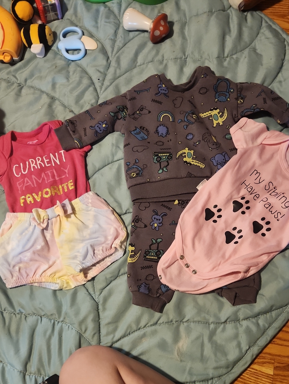 Primark Gray Dino & Space Print One-Piece Set with Pink Paw-Print Bodysuit